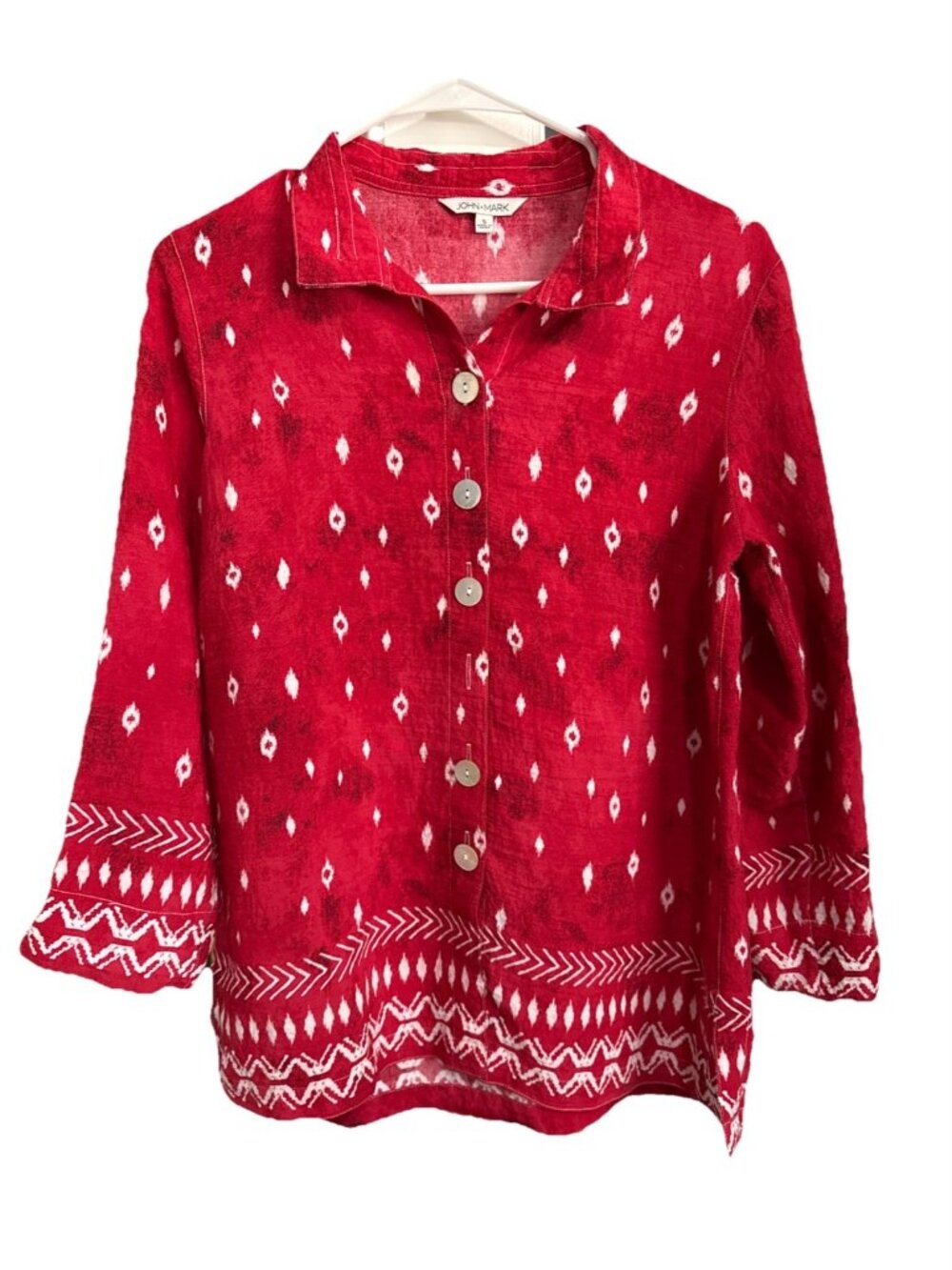 John Mark Wire Collar Tunic Womens Small Red Bandana Print Roll Tab 3/4 Sleeve